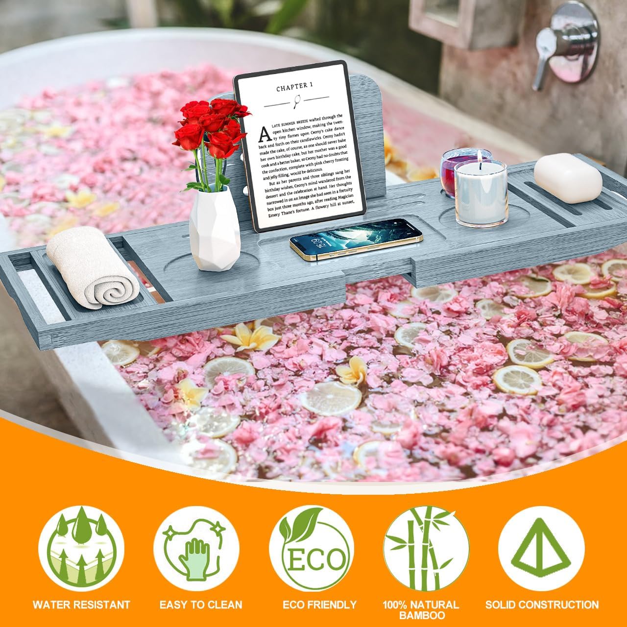 Bathtub Tray Caddy - Bath Tray - Bath Tub Tray Caddy - Bamboo Bath Tray for Tub - Expandable Size, Fits Most Tubs