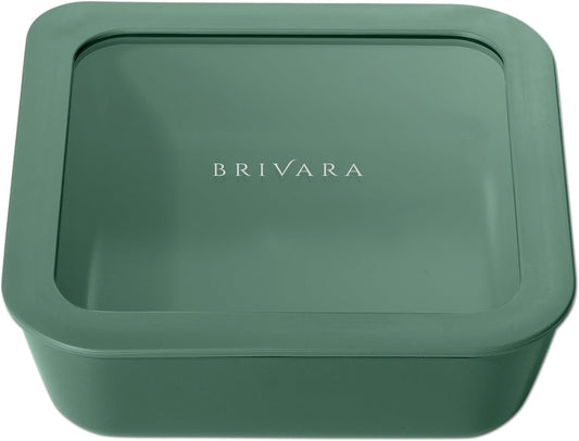 Ceramic Coated Glass Food Storage Container | No PTFE, PFOA, PFAS, and BPA | Reusable Non Toxic Meal Prep Container with Glass Lid | Easy To Store | 5 Cup Square [Pine]