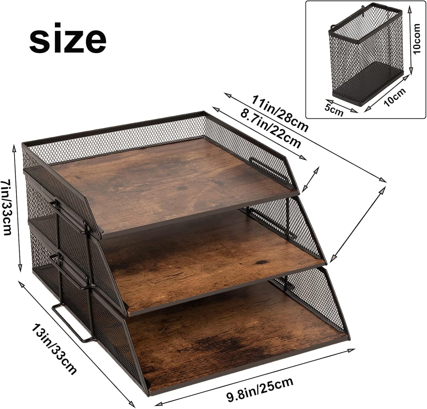 Vintage Wood & Metal Letter Tray， Stackable Desk Organizers Paper Tray， for File Magazines Mail Organizer, Vintage Wood Desk File Organizer with Pen Holder(3 Layer)