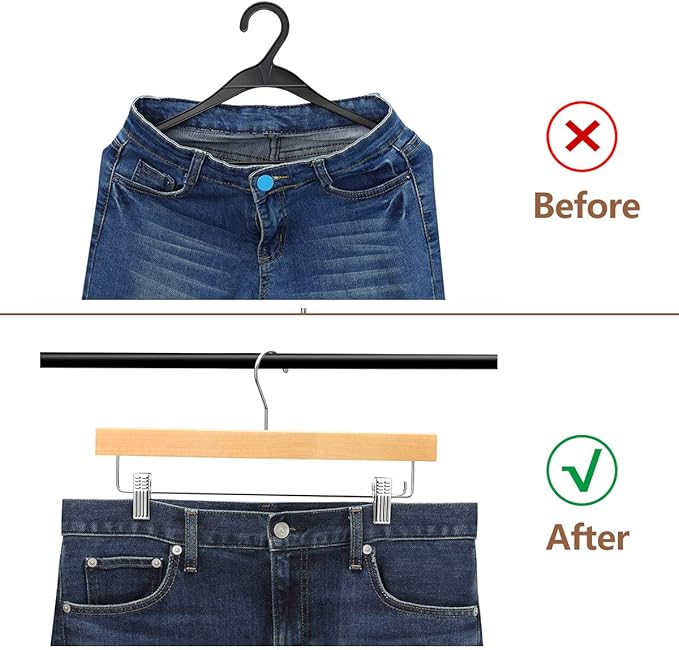 AMKUFO 20pcs Wooden Pants Hangers Solid Pants Hanger with Adjustable Clips 14 Inch Natural Wood Skirt Hangers Trousers Bottom Hanger with Non-Slip Clips and 360° Swivel Hook