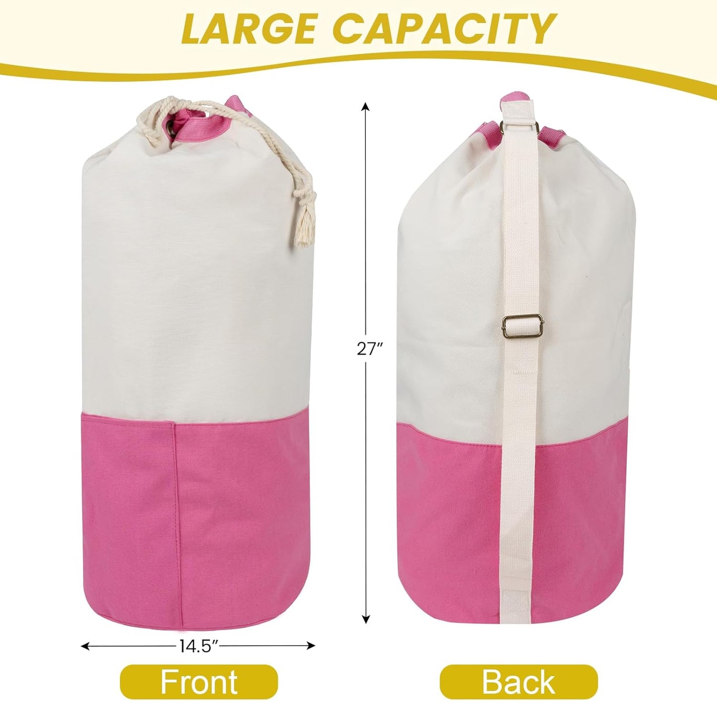 Single-shoulder backpack-style laundry bag with shoulder strap and pockets, made of durable canvas material, with drawstring closure design, suitable for college, travel, laundromats, and apartments.