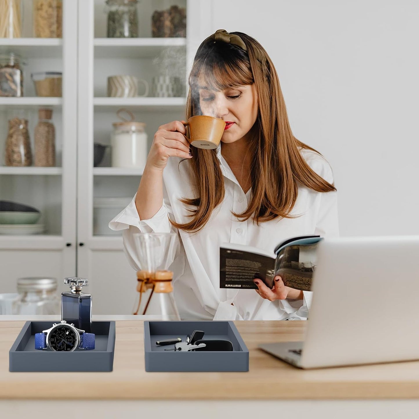 BBK Bathroom Vanity Tray 7.8 in - 2 Pack(Small) Silicone Bathroom Tray for Counter, Perfume Key Trinket Ring Tray, Decor Soap Dispenser Countertop Tray for Kitchen Sink Organization (Gray)