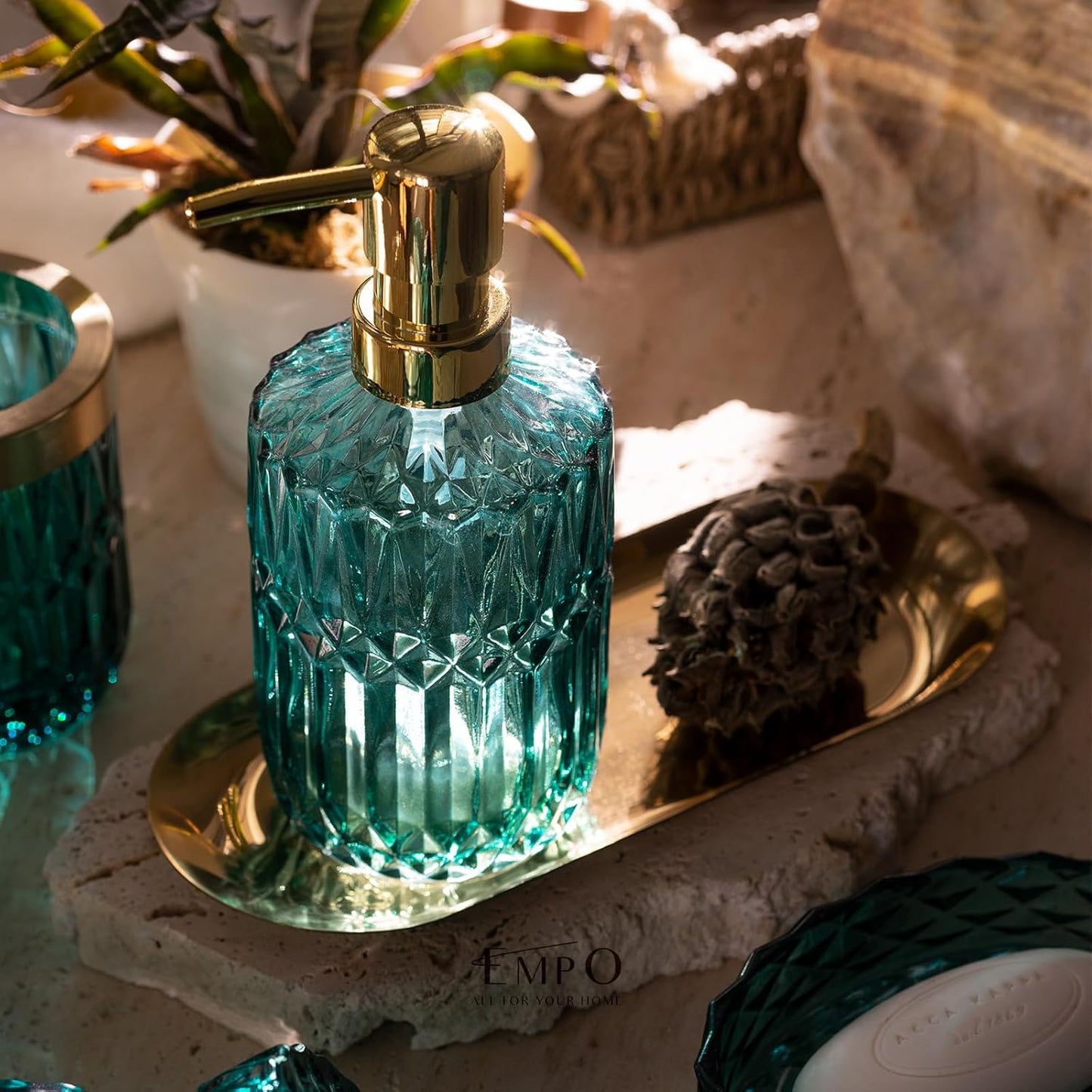 EMPO 6PCS Bathroom Clear Glass Accessories Set (Lotion Soap Dispenser, Soap Dish, Toothbrush Holder, Tumbler, Cotton Swab Jar), Contemporary Modern Decor Crystal Vintage Gift (6pcs Ocean Teal Blue)