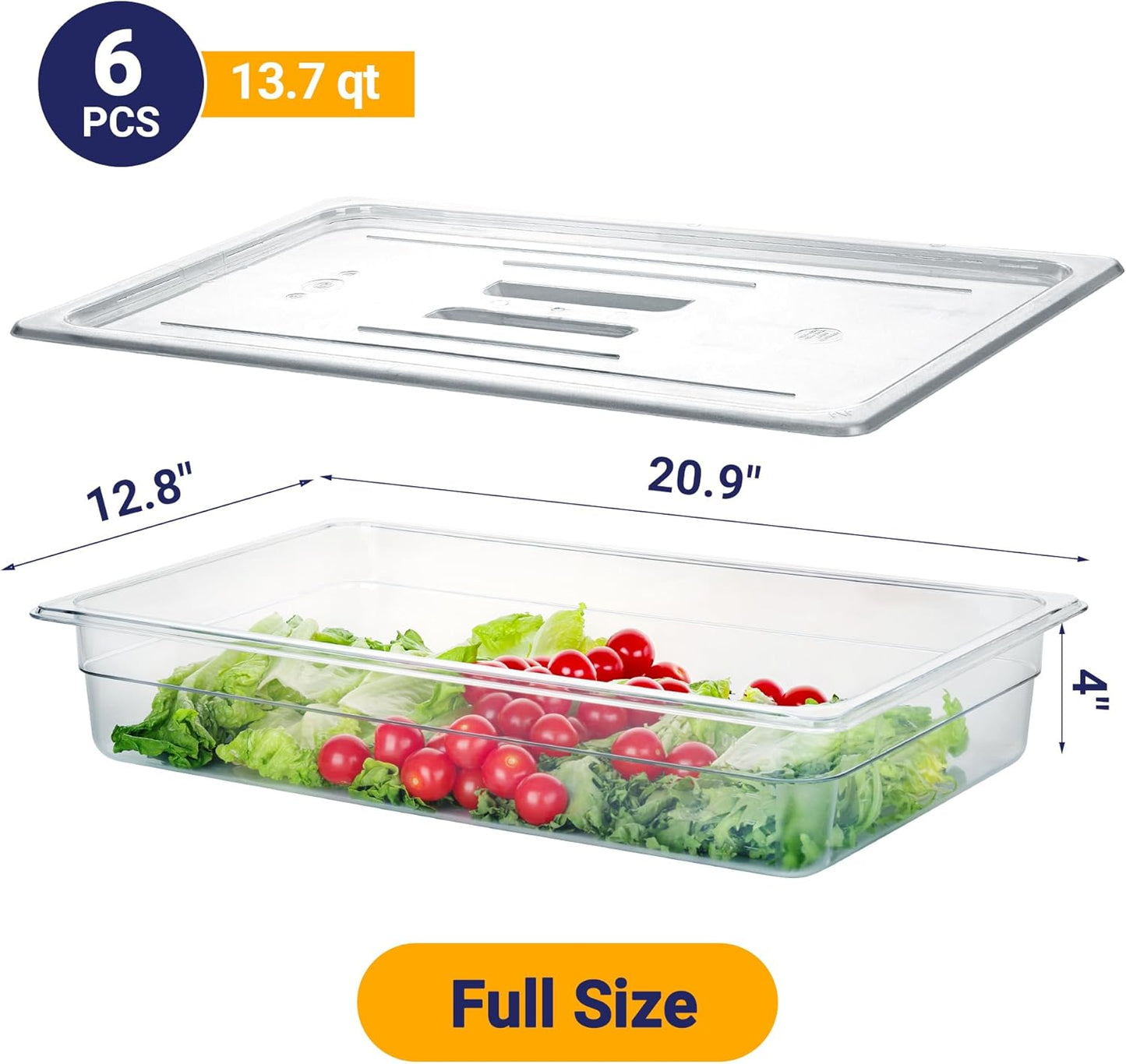 6 Pack NSF Food Pans with Lids, Full Size 4'' Deep Commercial Food Storage Containers, Polycarbonate, Clear