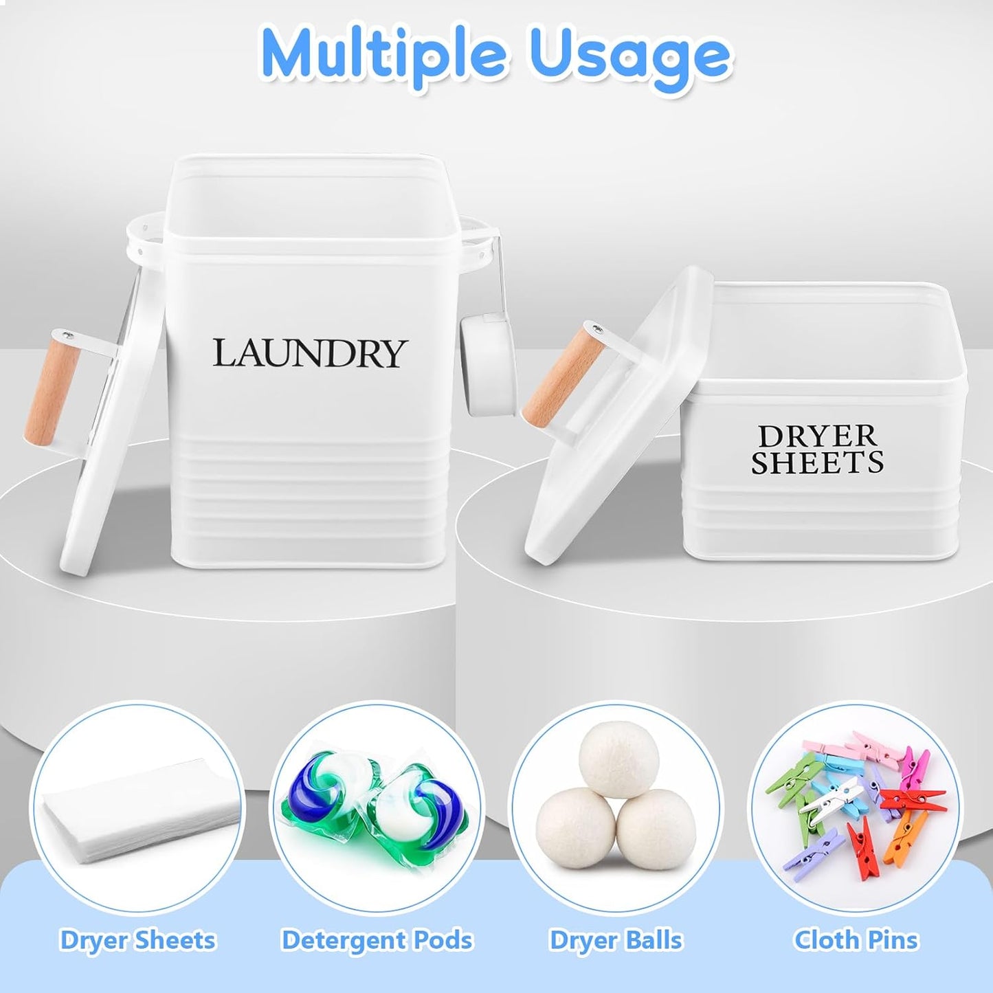 Metal Laundry Powder Container with Dryer Sheet Holder Modern Farmhouse Laundry Detergent Container with 1 Spoon Fabric Softener Dispenser with Lid for Space Saving Room Organization and Decor, White