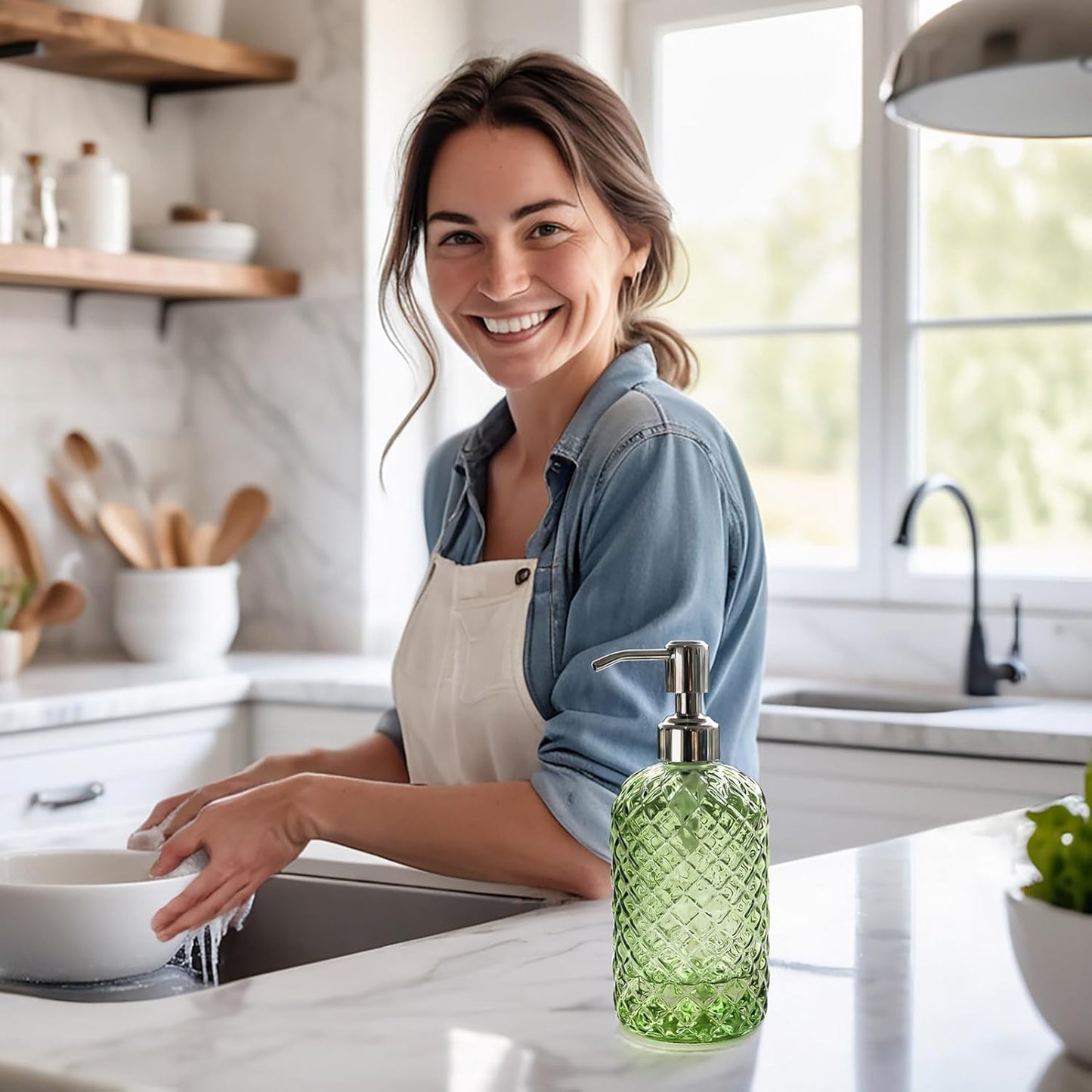 JASAI 18Oz Tea Green Soap Dispenser with Rust Proof Pump, Refillable Glass Soap Dispenser for Bathroom & Kitchen to Dispense Dish Soap, Hand soap, Lotion.