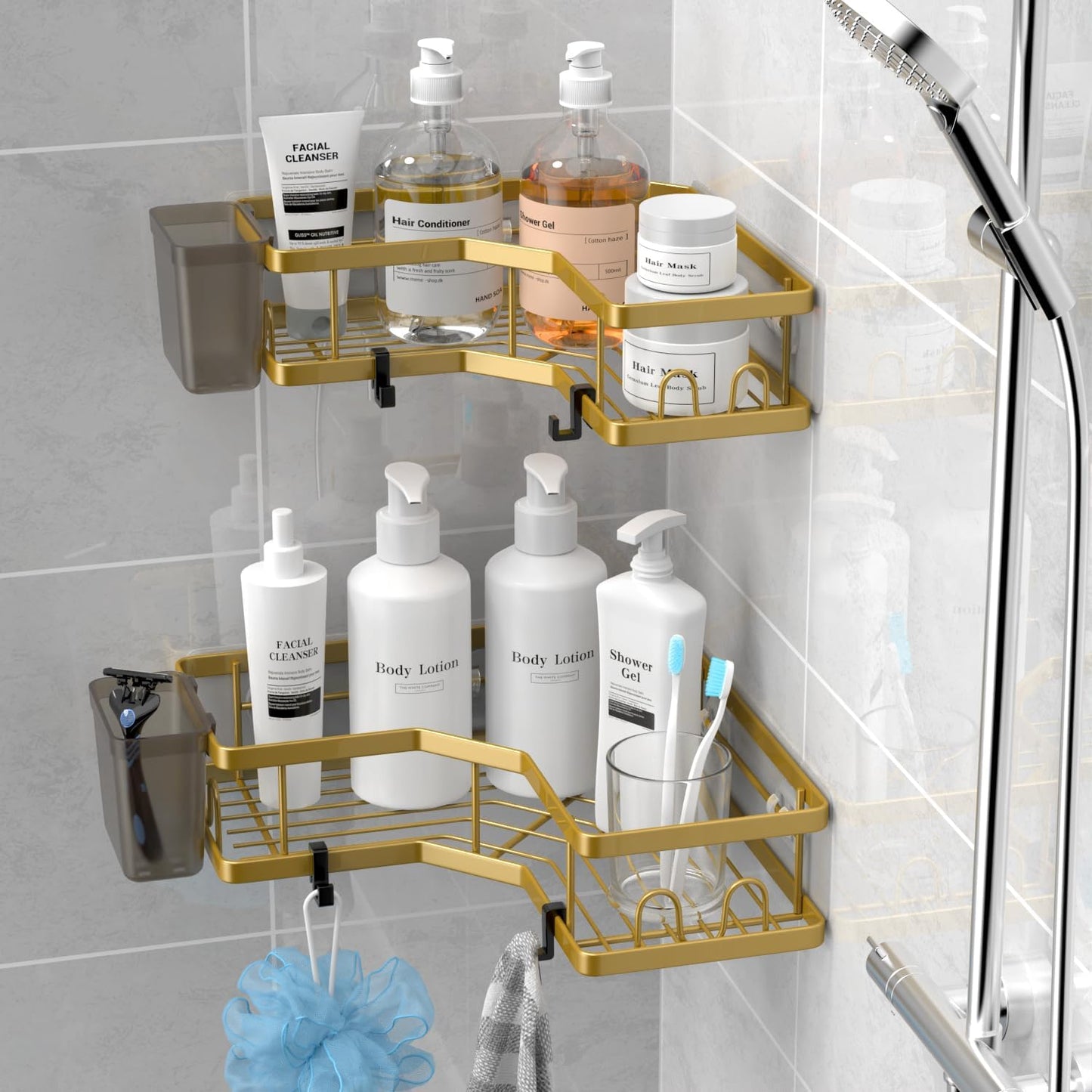 Corner Shower Caddy Organizer Shelf: 2Pack Adhesive Shower Rack, No Drilling Stainless Steel Shower Storage Shelves with Hooks&Toothpaste Holder for Bathroom Kitchen