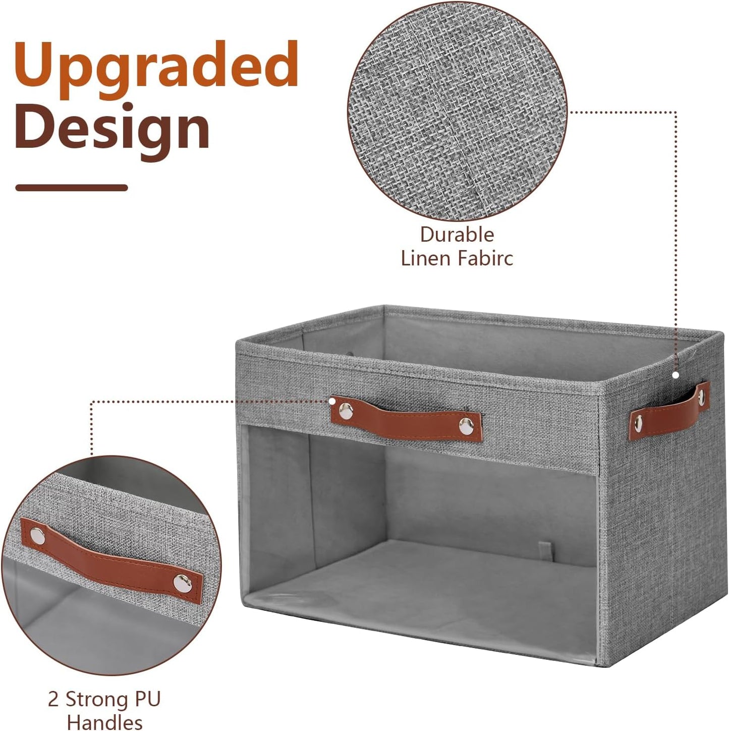 Large Storage Baskets with Clear Window, See Through Closet Organizer with PU Handles, Linen Foldable Storage Bins for Organizing Clothes, Toys, Books (Gray)