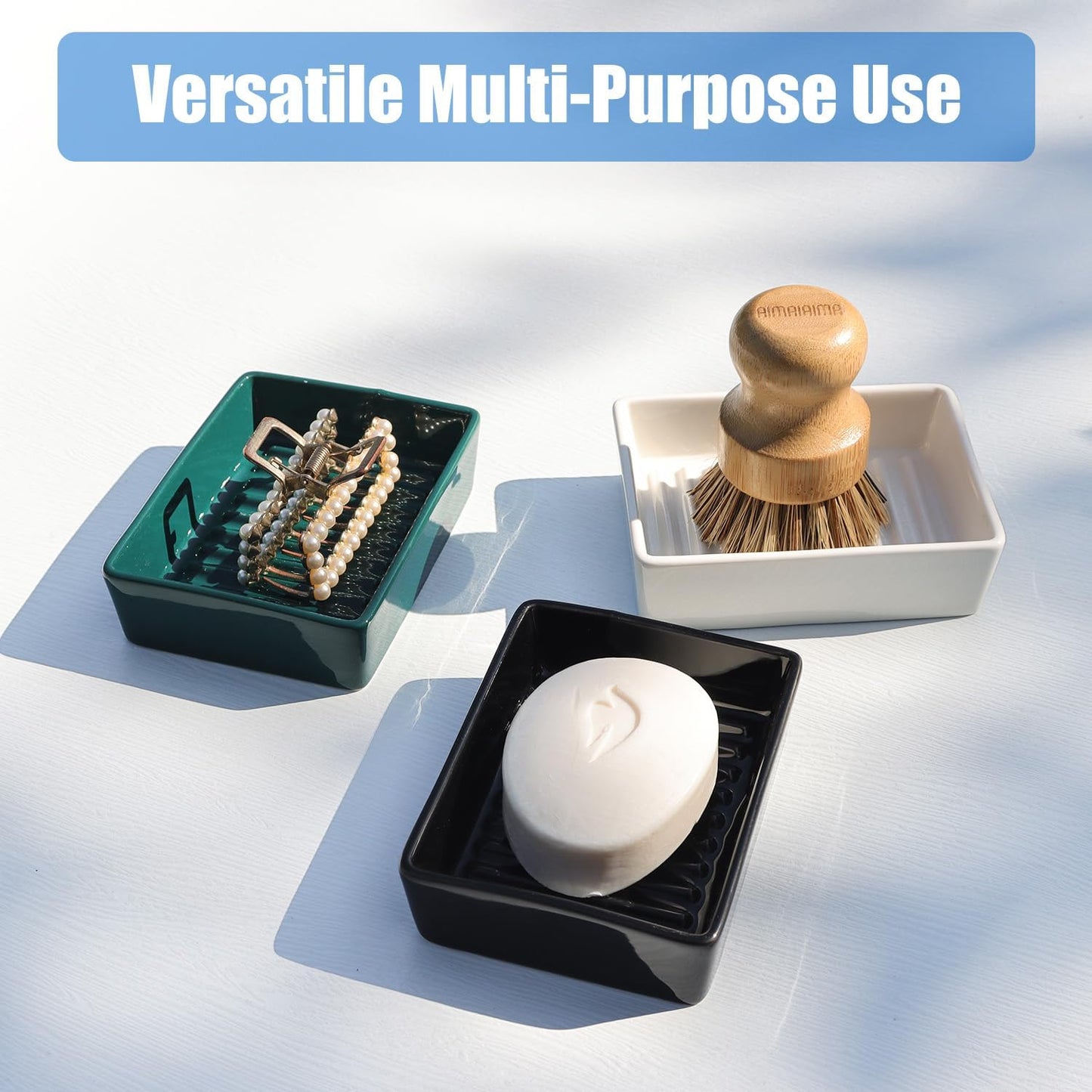 Black Ceramic Soap Dish, Minimalist Soap Holder with Higher Draining Ridges, Multi-Purpose Soap Bar Holder for Bathroom Sink, Shower, Kitchen, Easy to Clean