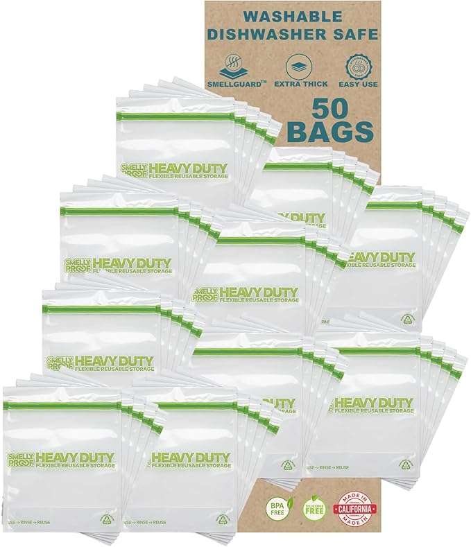 BULK VALUE, Smelly Proof 50-Pack HEAVY DUTY 5-mil Reusable Bags, Stand-Up, Expandable, Dishwasher-Safe, Odor-Proof, Durable Poly Nylon (Non-Silicone) US-Made 8.5" x 10" Quart 50pk