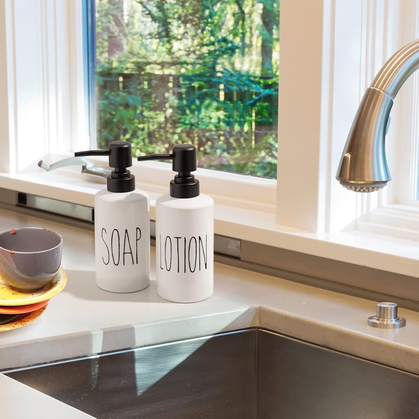 FE Soap Dispenser, 10oz Ceramic Liquid Soap Dispenser for Bathroom Countertop with Plastic Pump(SOAP)