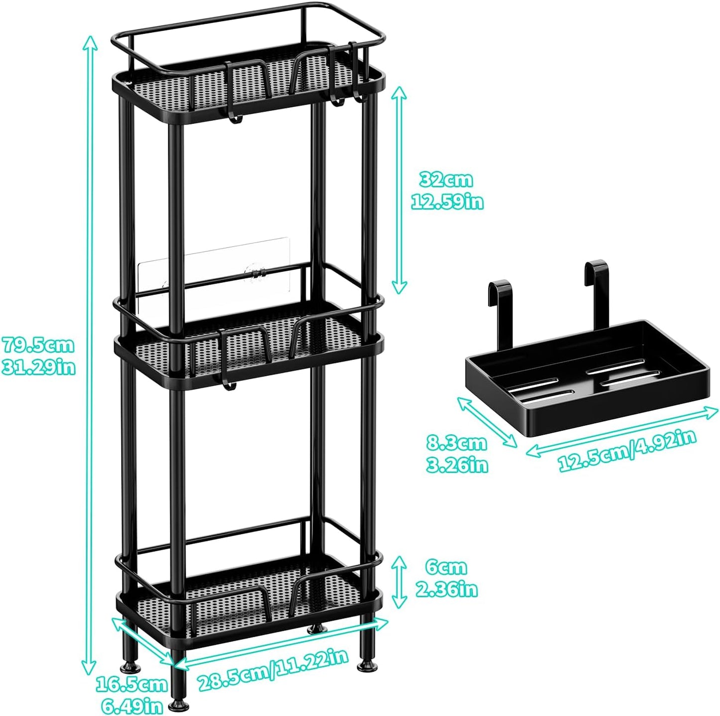HapiRm Standing Corner Shower Caddy - 3 Tier Corner Shower Organizer with Soap Holder, Rustproof Stainless Steel Bathroom Shelf with 4 Hooks, Black