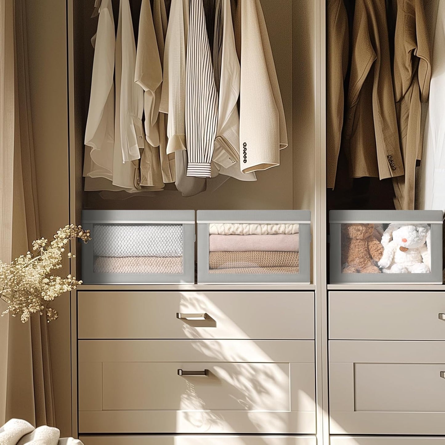 Storage Bins with Lids - Fabric Closet Storage Bins with Window, Collapsible Baskets for Shelves 4 Pack, Home Decorative Boxes for Clothes, Closet, Office, Grey