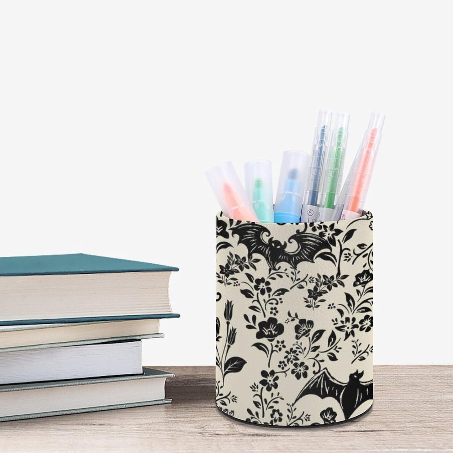Gothic Bat Flowers Pen Holder Pencil Organizer Cute Pencil Cup Desk Decor Makeup Brush Holder PU Multifunctional Office Suppliesfor Home Classroom School