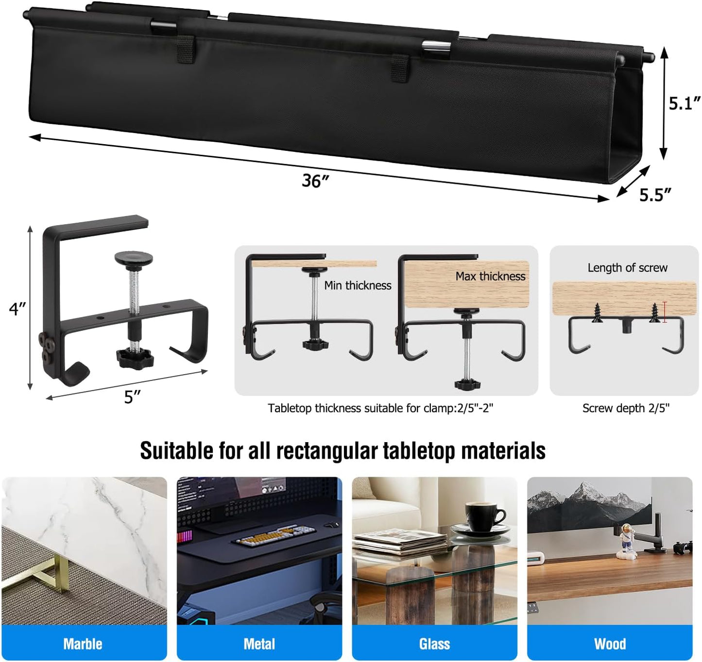 Under Desk Cable Management Tray - Heavy Duty No-Drill Clamp & Screw Mount, 36-Inch Cord Organizer for Home Office, Gaming Setup & Study Room, Holds Power Strip & Large Adapters