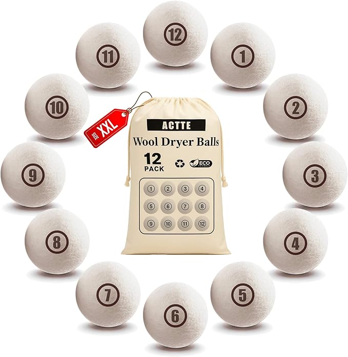 Wool Dryer Balls Laundry, XXL(3.1") 12 Pack, Premium Fabric Softener Ball, Reusable, Anti Static, Chemical Free Natural Wool Balls for Dryer, Laundry Dryer Balls – 100% New Zealand Wool