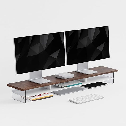 Dual‑Tier Monitor Stand for Modern Desk Setup – Minimalist Wooden and Metal Riser Shelf with Transparent Acrylic Feet for Dual Monitors, Laptops, Home Office Aesthetic，Brown and White