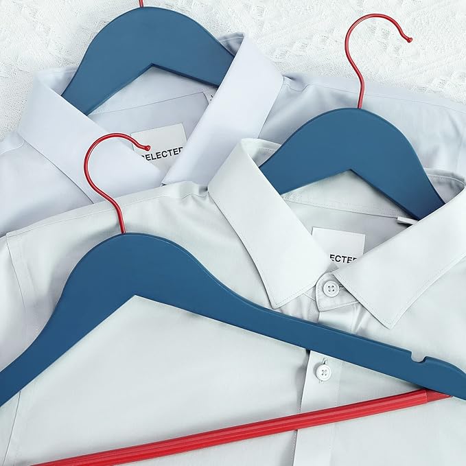 TOPIA HANGER Premium Wooden Hangers with Non-Slip Pant Bar, 360°Swivel Hook and Shoulder Notches, 16 Pack Solid Wood Clothes Hangers for Suit, Coat, Jacket, Camisole(Blue/Red)-CT35BR2