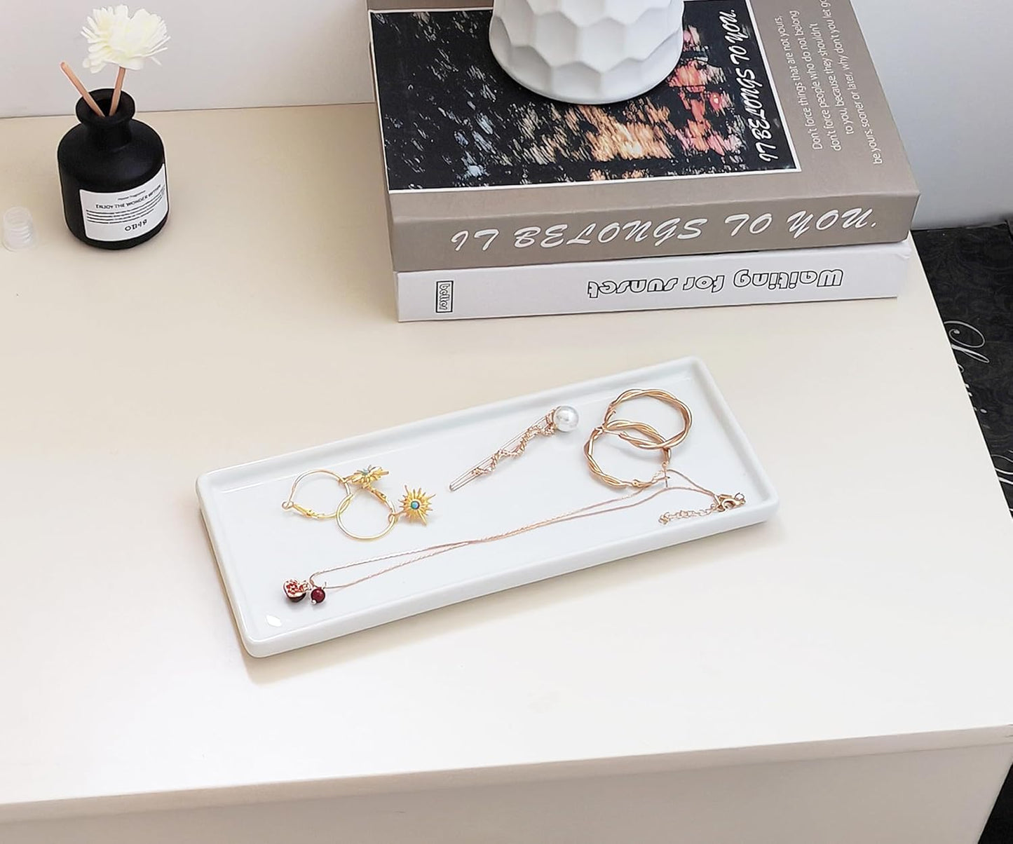 9.2" Porcelain Small Bathroom Tray, Ceramic Countertop and Vanity Tray for Cosmetics, Perfume, Jewelry, Candle - Kitchen Soap Tray for Kitchen Counter (White)