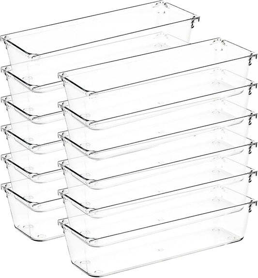12 Pack Drawer Organizer - 3" X 9" Clear Acrylic Storage Bins with Non-Slip Pads, Versatile Desk Tray for Makeup, Jewelry, Kitchen, Bathroom, and Office Organization