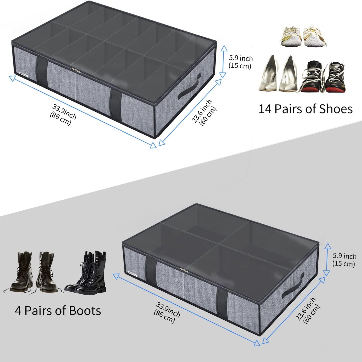 Onlyeasy Under Bed Shoe Storage Organizers for Kids and Adults Fit 14 Pairs of Shoes & 4 Pairs of Boots, Sturdy Underbed Organizer with 2 Strong Zippers and 4 Handles, Linen-like Grey, MXDUBS14S4