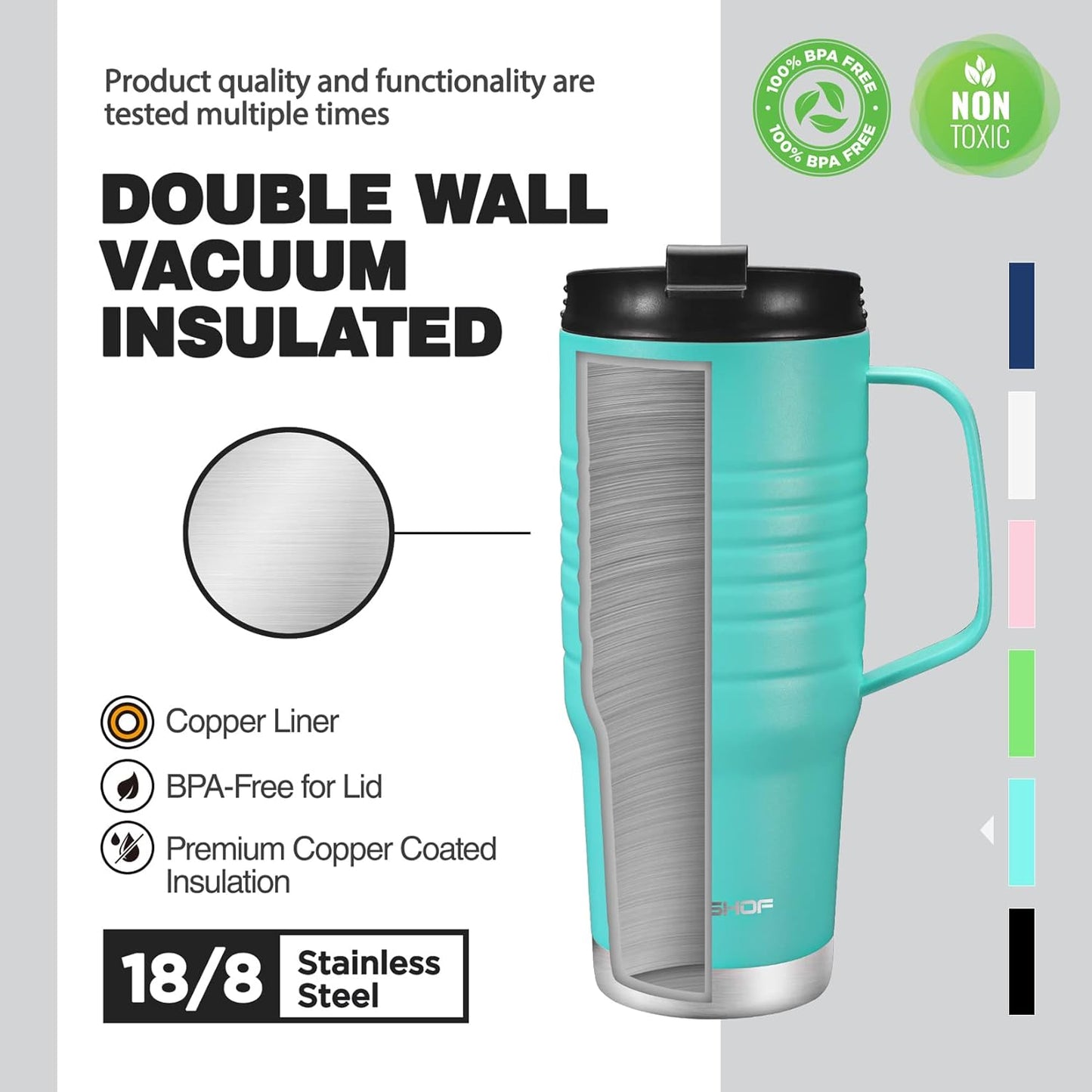 HAUSHOF 24 oz Travel Mug with Handle, Stainless Steel Vacuum Insulated Coffee, Double Wall Travel Mugs with Leakproof Lid, BPA Free