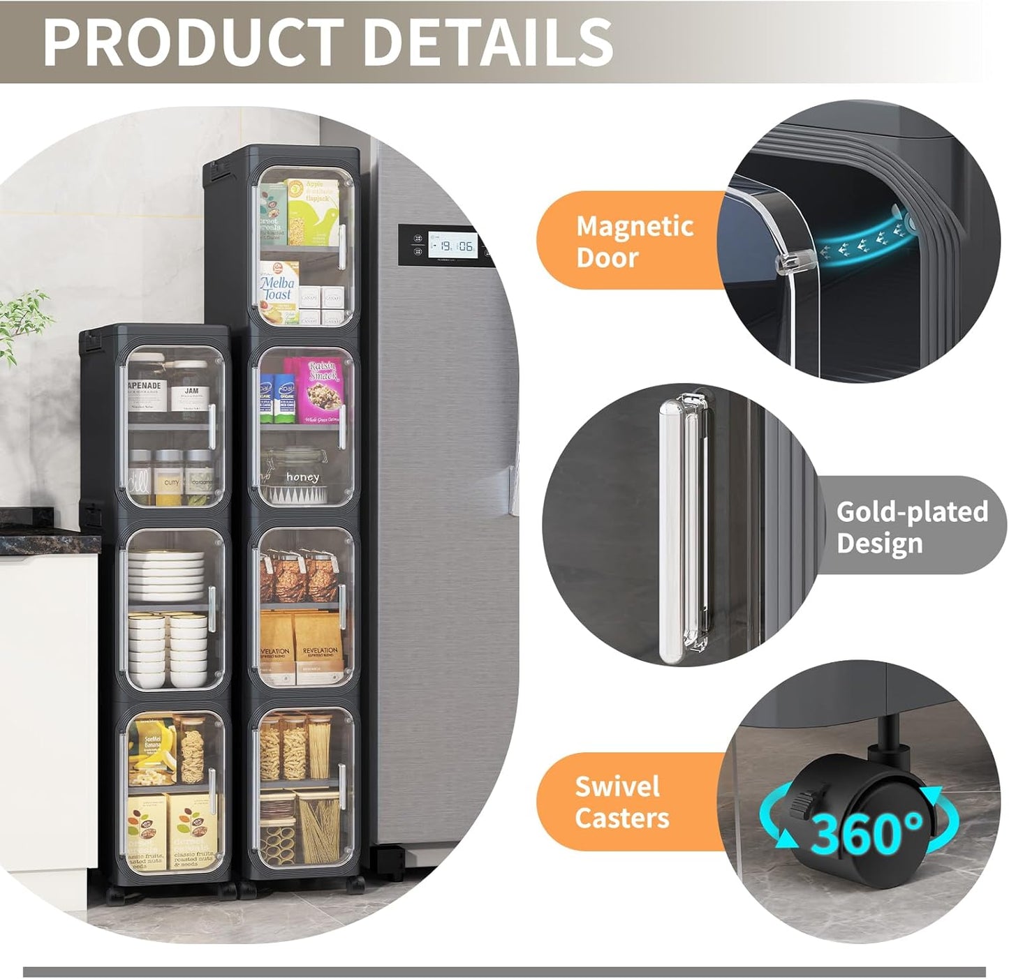 KHNR 4-Tiers Slim Bathroom Storage Cabinet, Foldable Storage Cabinets,Narrow Bathroom Storage,Movable Bathroom Storage Organizer for Small Spaces,Bathroom,Kitchen,Laundry,Black