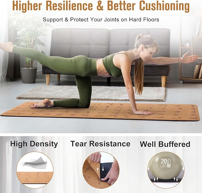 Premium Cork Yoga Mat 1/4 & 2/5 Inch Thick 72 x 26 in, Thick Cork and TPE Non Slip Yoga Mats for Women Men, Sweat Proof Eco-friendly, Great for Hot Yoga & Workouts