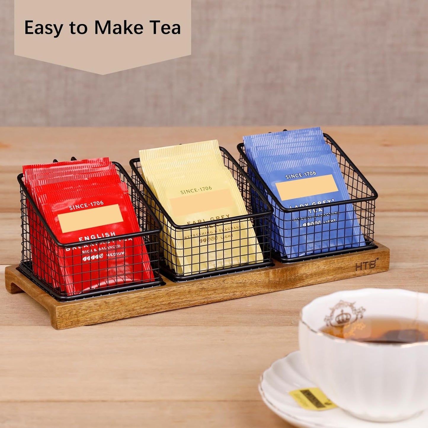 HTB Tea Organizer for Tea Bags, Tea Bag Holder with Acacia Wood Stand and 3 Removable Metal Basket for Sugar Packets, Sweeteners, Creamers for Cabinet, Countertop