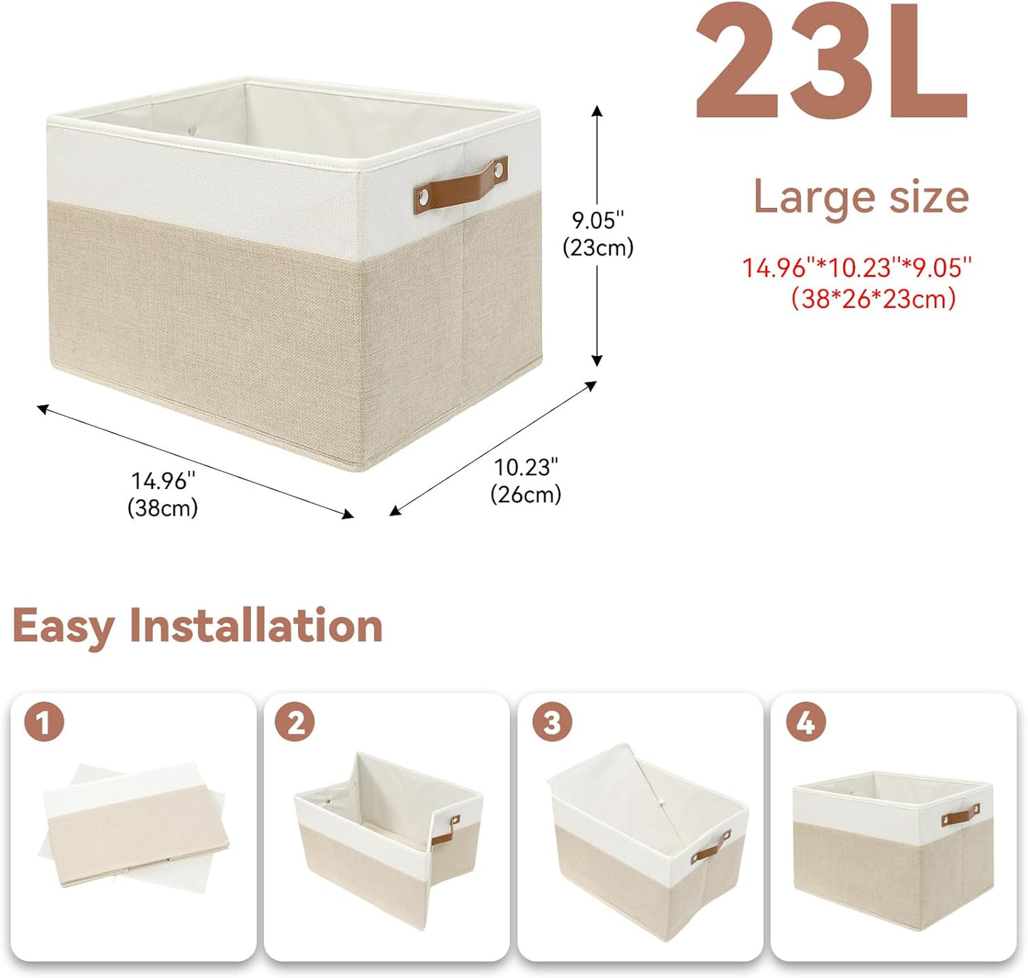 SNWDN 4 Pack Fabric Storage Baskets for Organizing Collapsible Fabric Storage Bins with Handles for Home and Office Organizing (White/Beige 15''Lx10.2''Wx9''H)