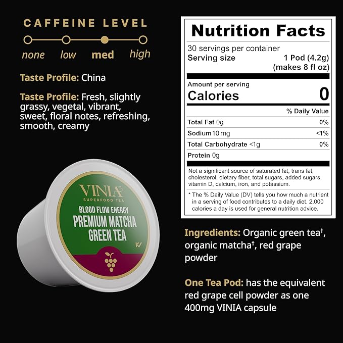 VINIA Premium Matcha + Green Tea K-Cup Pods, Made with Organic Tea, Infused with Piceid Resveratrol for Heart Health, Nitric Oxide, Physical Energy, Alertness, Blood Flow, Keto, Kosher, NON-GMO. 30 Ct