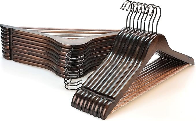 TOPIA HANGER Heavy Duty Wood Coat Hangers in Smooth Retro Finish, Boutique Quality Wooden Suit Hangers-Non-Slip Rubber Pants Bar and Smoothly Cut Notches-360° Rotating Black Hook-30 Pack, CT04A30