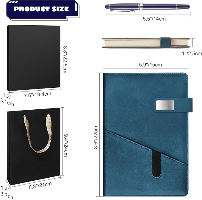A5 Lined Leather Notebook and Pen Set with Gift Box, 240 Pages Refillable Journal with Pocket and Magnetic Buckle, Hardcover Daily Diary for Men and Women Business Travel Personal Writing- Blue