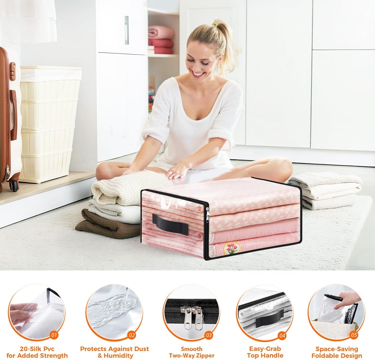 SpaceWhisper 4 Pack Clear Storage Bags, Plastic Blanket Storage Bags with Zipper and Handle, Moving Bags for Comforter, Bedding & Clothes, Closet Organizer and Under Bed Storage (17.7x15.7x7.9 Inch)