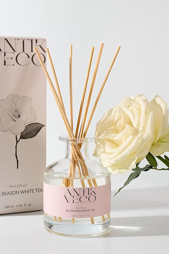 All-Season White Tea Diffuser – Home Fragrance with 8 Rattan Sticks – Long Lasting, Fresh White Tea & Citrus Scent – Non-Toxic, Premium Reed Diffuser for Home or Office – 90 Days