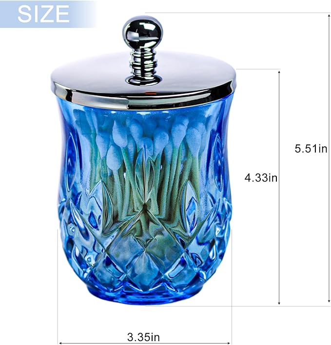 Qtip Holder,10Oz Blue Glass Apothecary Jars with Silver Lids for Bathroom Organization & Desk Storage,Thick Glass Apothecary Jars for Q-Tips,Cotton Rounds,Jewelry,Candy,Round
