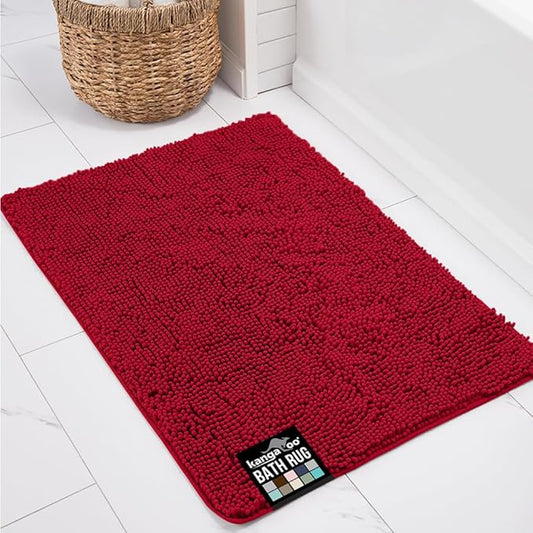 KANGAROO Bathroom Rugs, Chenille Soft Absorbent Bath Rug, Shaggy Shower Mat, Quick Dry Machine Wash Bathmat, Plush Carpet Mats for Tub, Bathtub and Room Home Decor Accessories, 36x24, Red