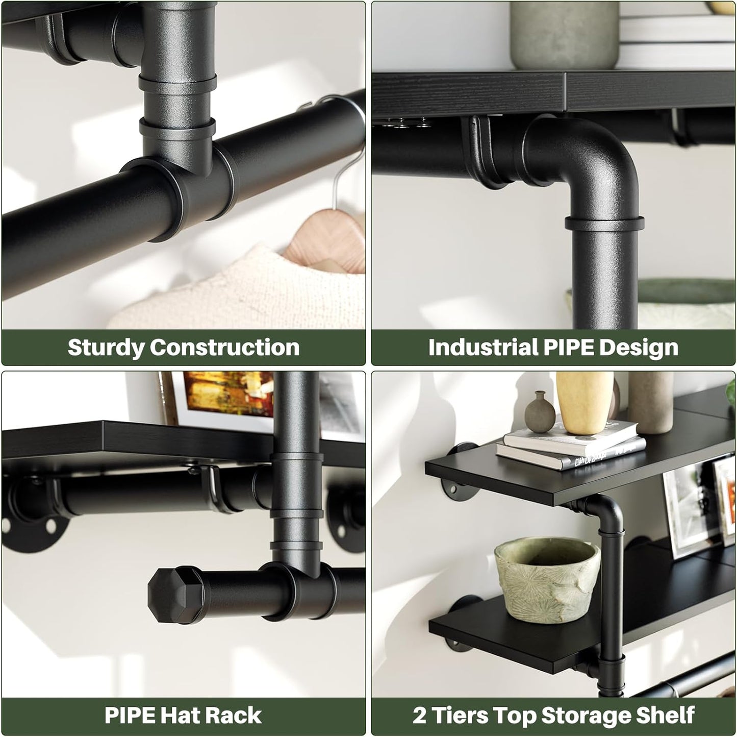 Aheaplus Industrial Pipe Clothes Rack with Top Shelf, 73In Space-Saving Wall Mounted Clothing Rack, 2 Tiers Heavy Duty Pipe Clothing Shelves with Hanging Rod for Laundry Room, Closet Storage, Black