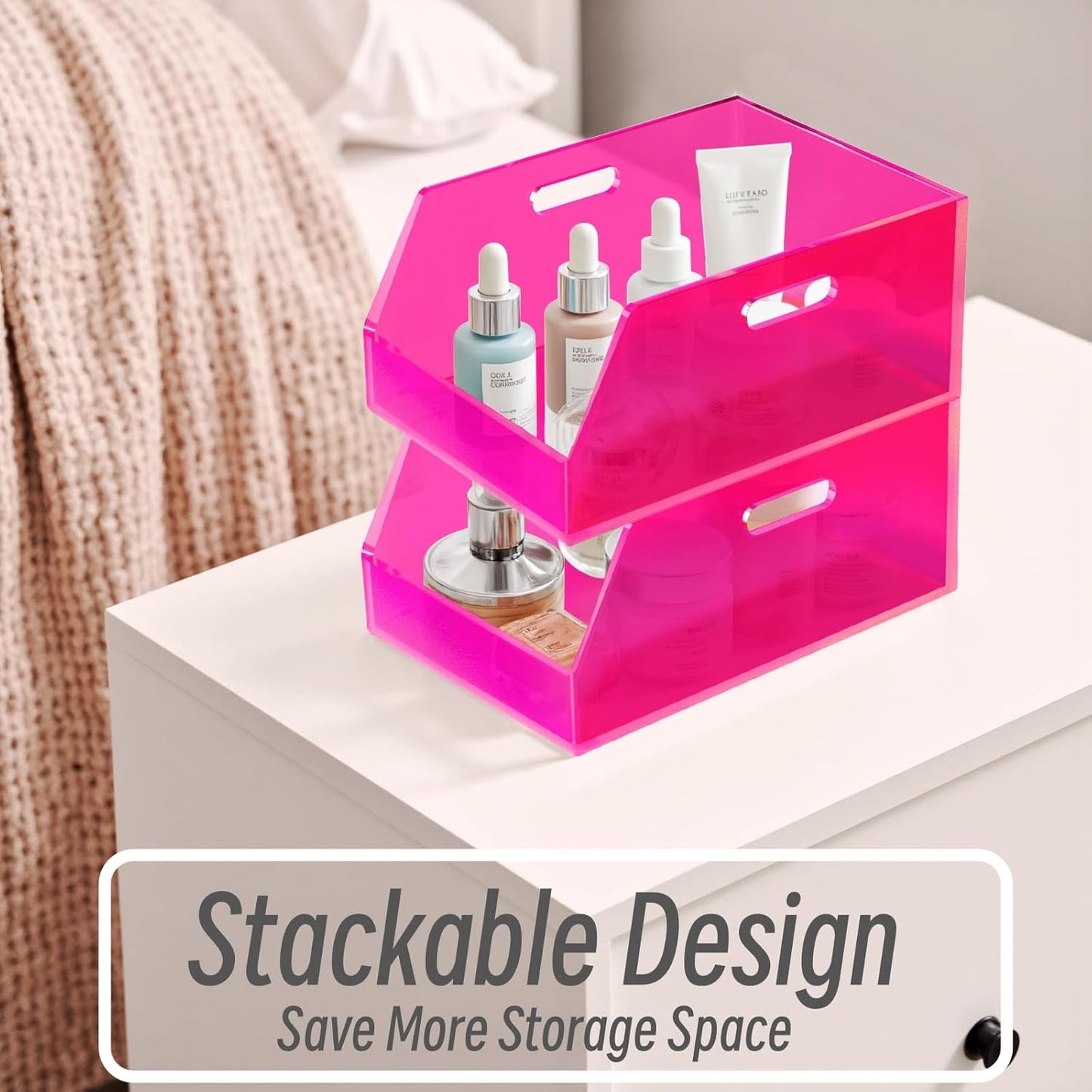 Gelite Stackable Large Storage Bin Organizer with Handles Acrylic Storage Container for Toy Pantry Kitchen Cabinet Bathroom Closet Office Organization, 15.4x11.4x6.7'', Neon Pink