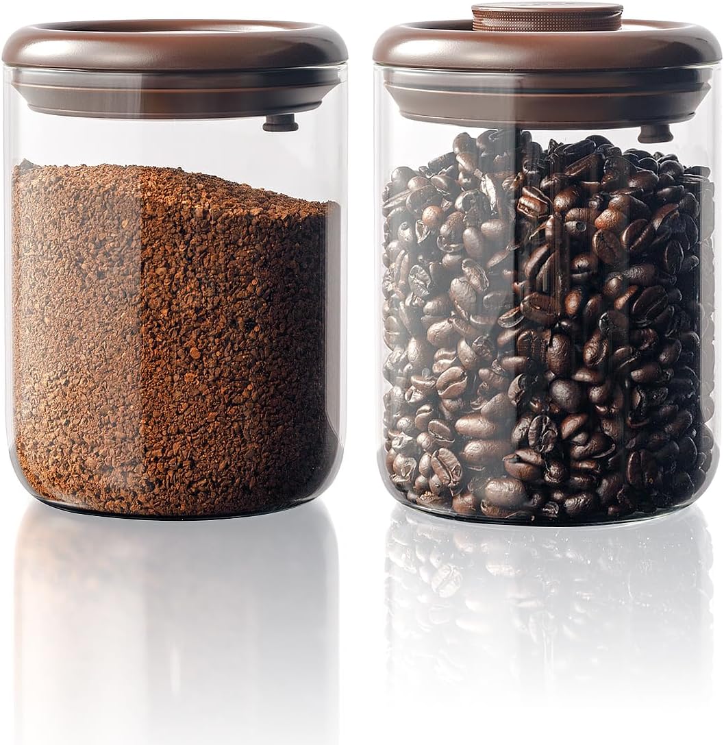 Glass Coffee Container - 900ml x 2 Pop Top Coffee Storage Airtight Canister, Large Ground Coffee Containers Coffee Jars with Lids