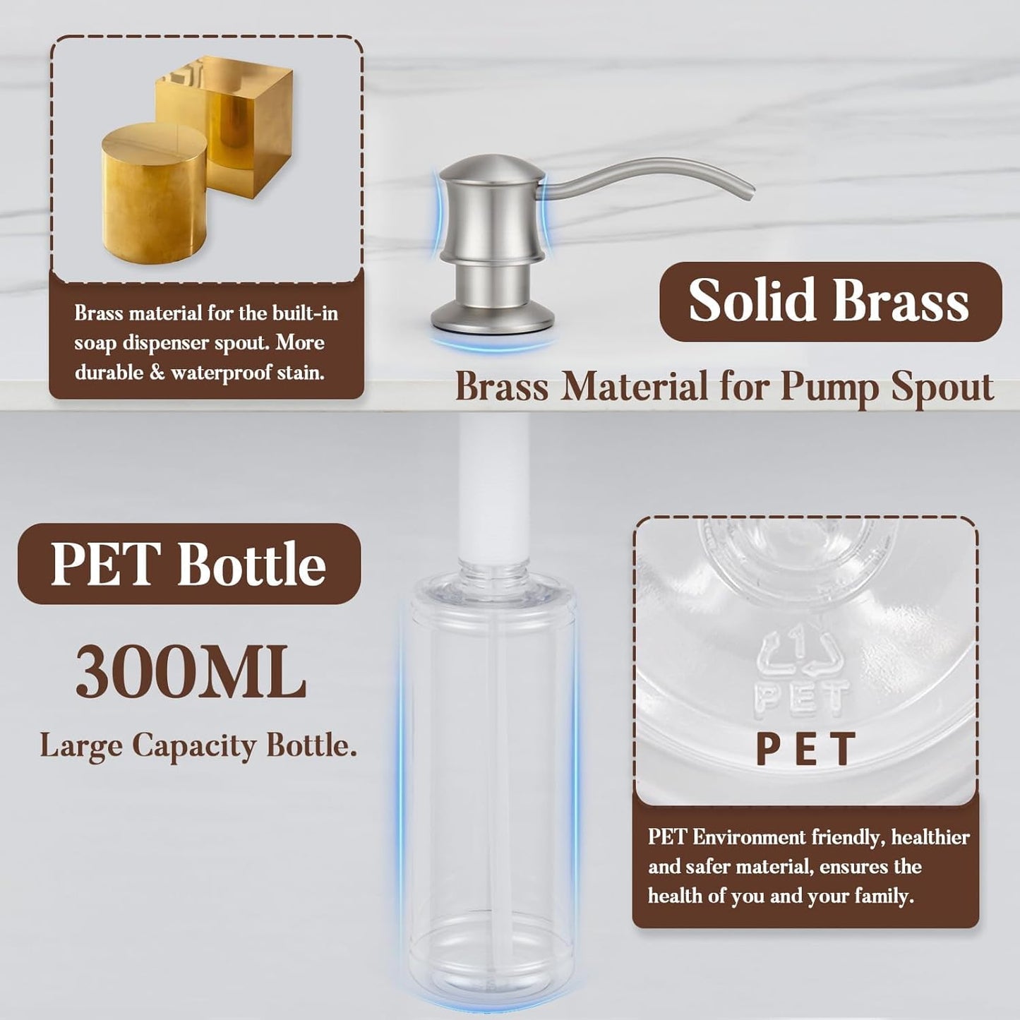 Built in Soap Dispenser for Kitchen Sink Countertop, Solid Brass Pump Head Long Spout with 10.2 Ounce PET Food Safe Material Lotion Bottle, Brushed Nickel Finish
