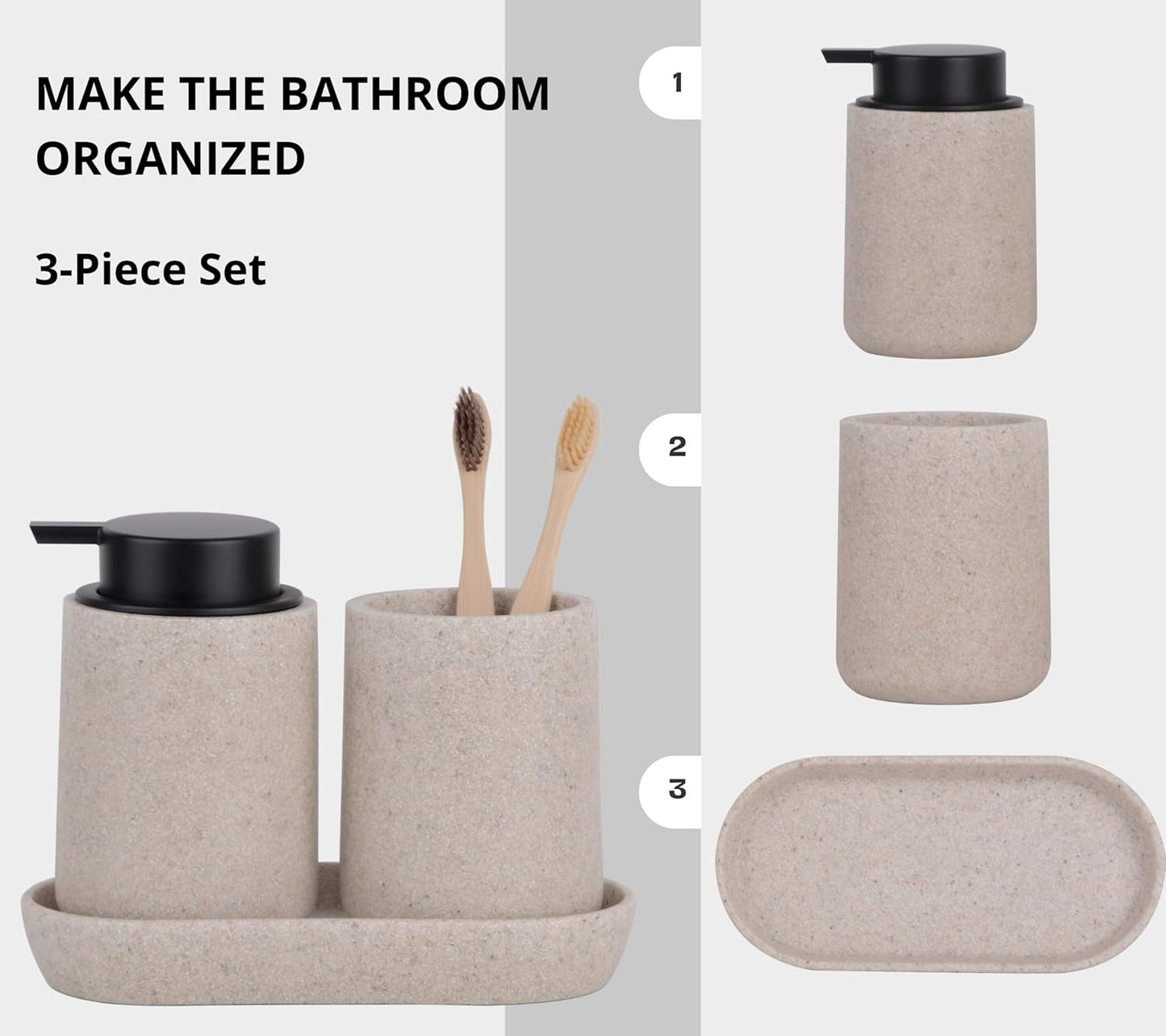 Beige Bathroom Accessories Set, 3 Pcs Resin Bathroom Accessories Complete Set, Sandstone Look Soap Dispenser with Large Pump, Toothbrush Cup, Soap Dish for Modern Home Decor and Kitchen