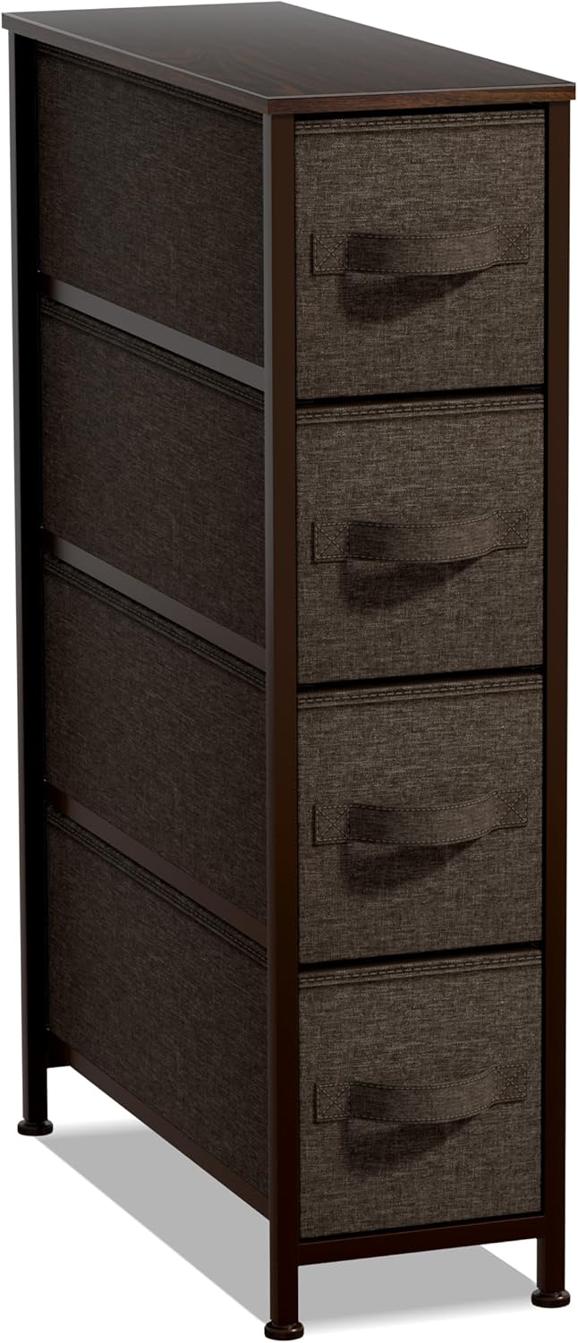 Sorbus Narrow Dresser with 4 Drawers - Vertical Slim Storage Chest of Drawers with Steel Frame, Wood Top & Easy Pull Fabric Bins for Small Spaces, Closets, Bedroom, Bathroom & Laundry (Brown)