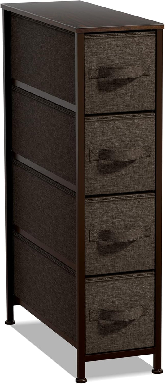 Sorbus Narrow Dresser with 4 Drawers - Vertical Slim Storage Chest of Drawers with Steel Frame, Wood Top & Easy Pull Fabric Bins for Small Spaces, Closets, Bedroom, Bathroom & Laundry (Brown)