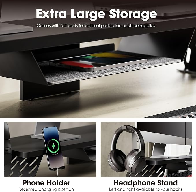 Fenge Dual Monitor Stand, 42.5 Inch Monitor Riser for Desk, Wood Desk Shelf for 2 Monitors, 2 Tier Monitor Shelf with Headphone Stand & Phone Holder