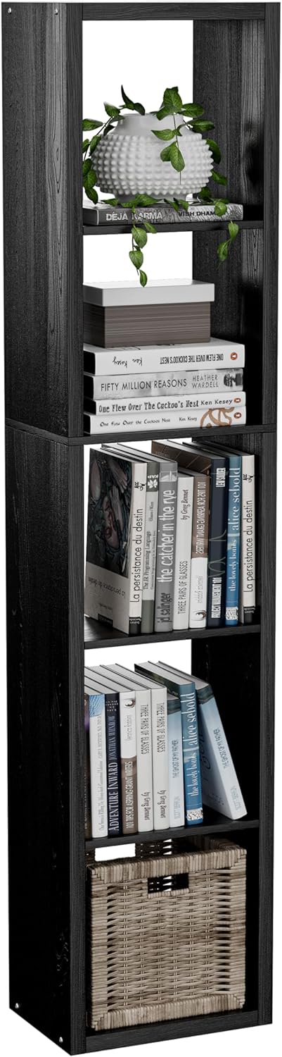 Tall Cube Storage Organizer Bookcase, 5 Tier 11 inch Open Back Cubical Shelf with Thickened Border, Display Bookshelf for Living Room, Home Office, Sturdy Room (Black, 5 Cube,Vertical)
