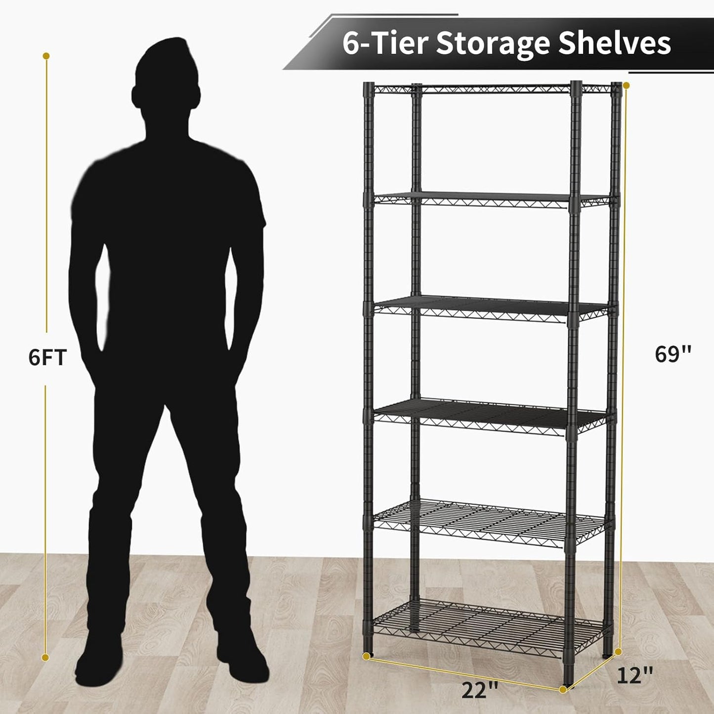6 Tier Adjustable Storage Shelves,Heavy Duty Metal Utility Shelf 900LBS Capacity,Wire Shelving Unit Organizer Rack for Home,Kitchen,Office,Bathroom,Pantry Room,12" D x 22" W x 69" H,Black