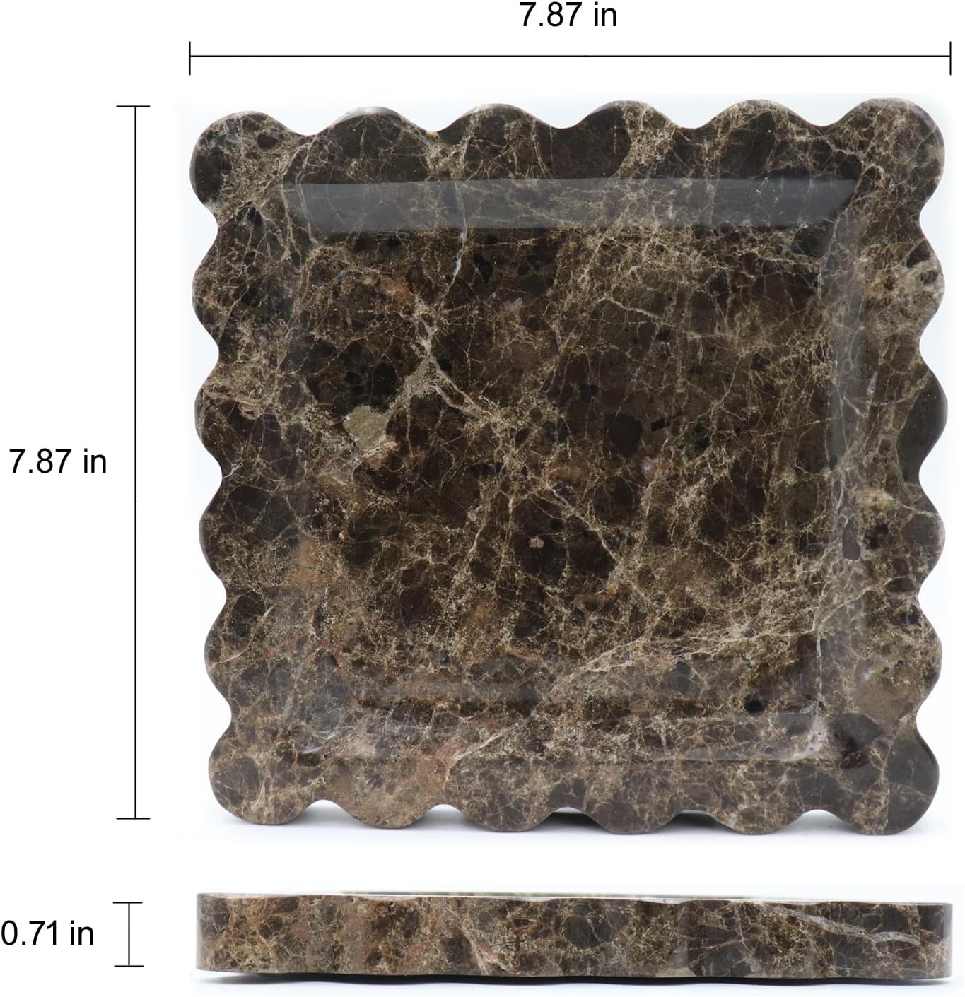 Square Marble Decorative Tray with Scalloped Edge, Luxury Natural Stone Bathroom Vanity Tray, Dresser Top Perfume Coffee Home Kitchen Sink Tray, Key Trinket Ring