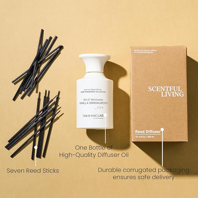 M&SENSE Minimalist Large Reed Diffuser 300ml, Vanilla Sandalwood Scented with Natural Essential Oils, Long Lasting with 7 Sticks, Non-Toxic Home Fragrance for Bedroom, Bathroom Decor