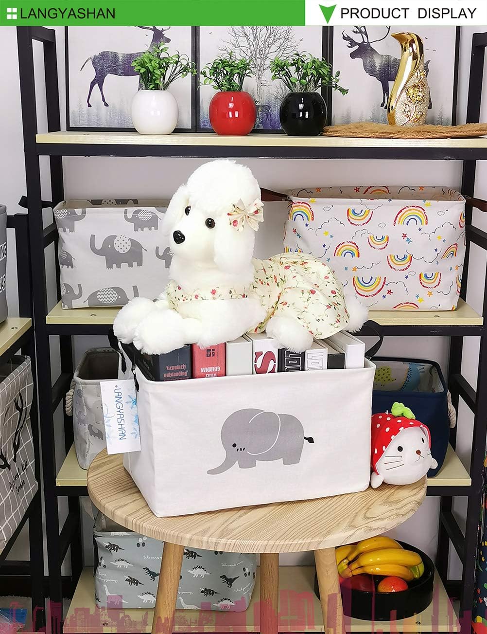 LANGYASHAN Rectangular Storage Bin Collapse Canvas Fabric Cartoon Storage Basket with Handles for Organizing Home Kitchen Boys and Girls Toys Office Closet Shelf Baskets (REC Elephant)
